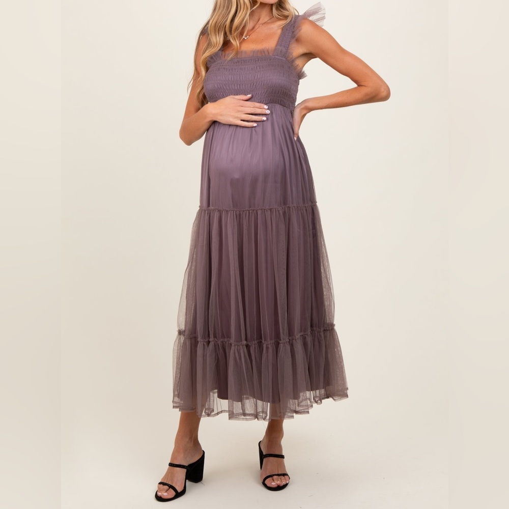 PinkBlush Mesh Overlay Smocked Maternity Dress - Mauve